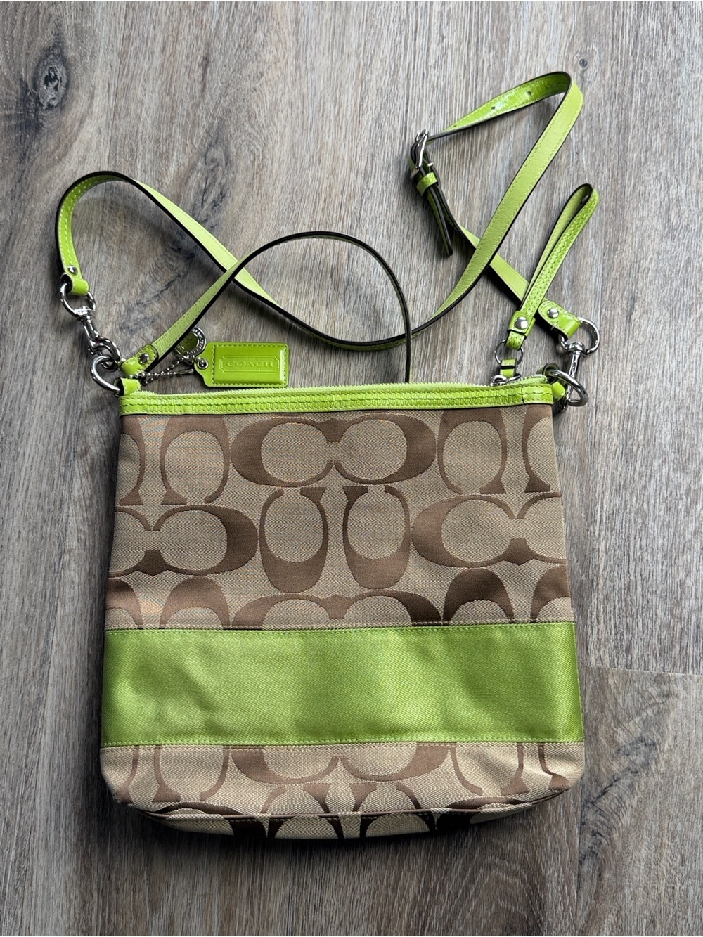 Coach Signature File Crossbody Bag F13674 Khaki Lime Green Jacquard Canvas